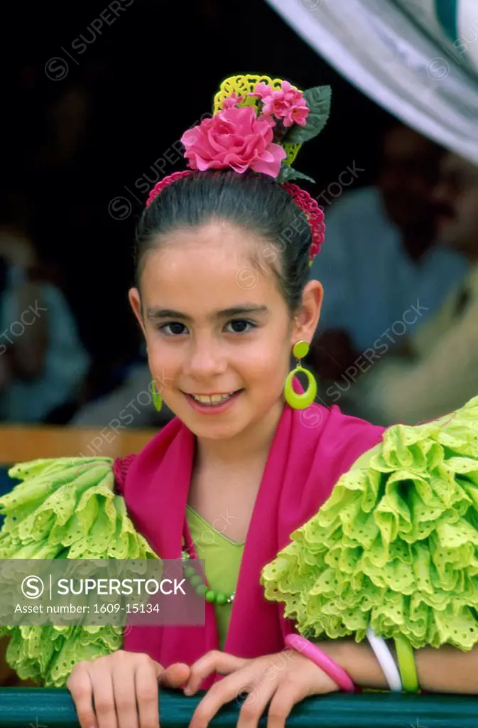 Fiesta / Horse Fair / Girl Dressed in Andalucian Costume, Jerez de la Frontera, Andalusia, Spain