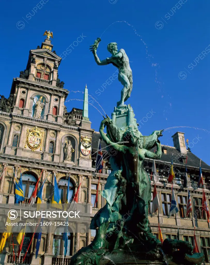 Brabo Fountain & Town Hall, Antwerp, Eastern Flanders, Belgium