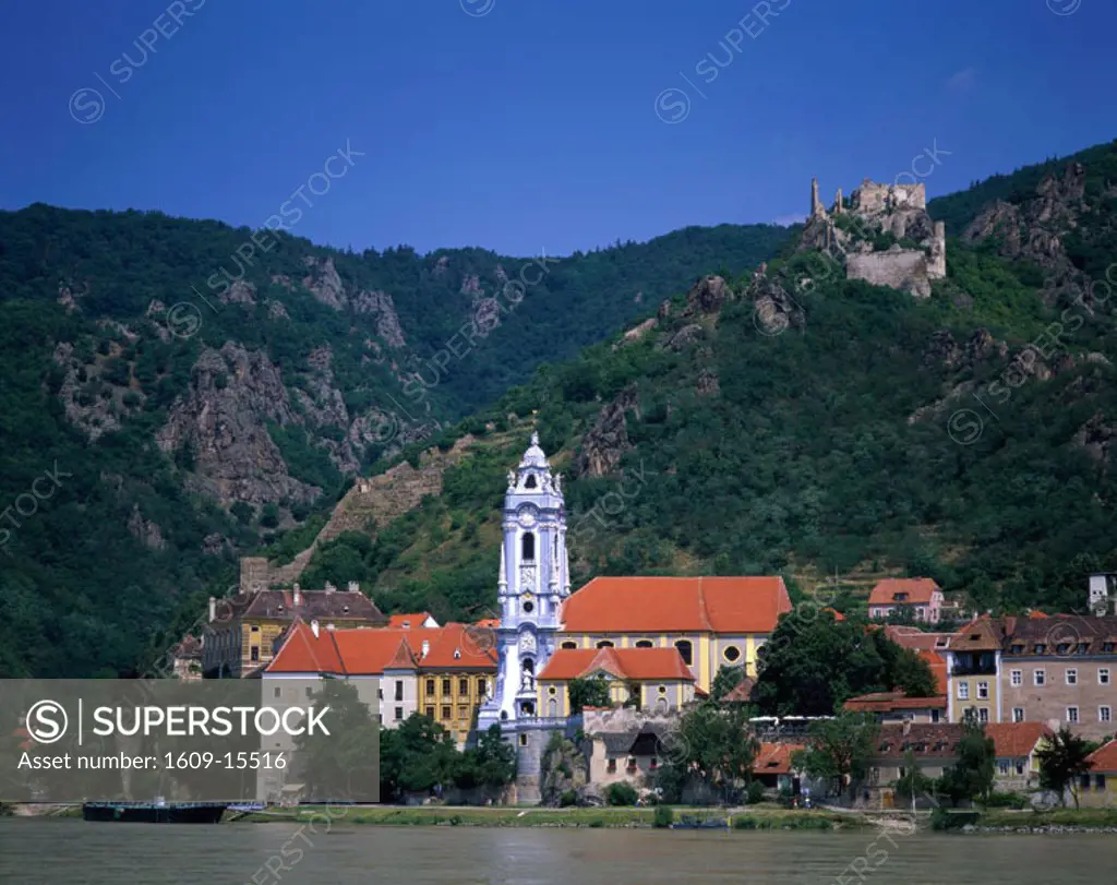 Stiftskirch Church Baroque Tower & Danube River (Donau River), Durnstein, Wachau, Austria