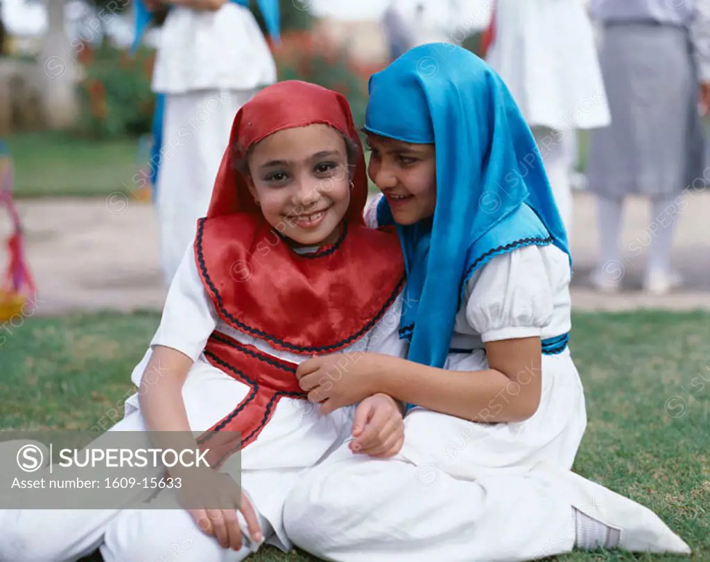 Children / Two Girls in Traditional Dress & Head Scarfs, Cairo, Egypt