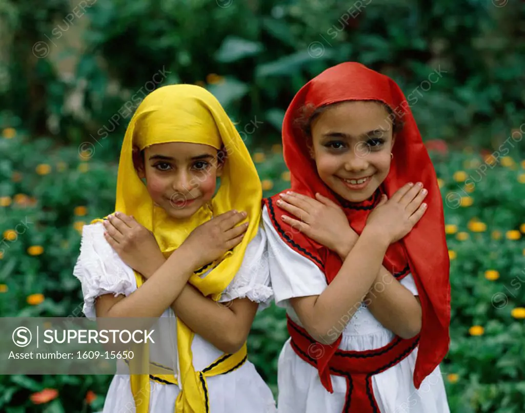 Two Girls / Children in Traditional Dress & Head Scarfs, Cairo, Egypt