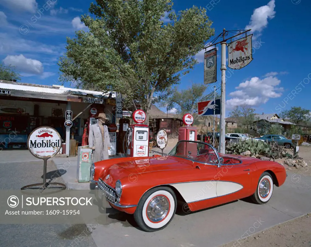 Route 66 / Gas Station with Red Chevrolet Corvette 1957 Car, Hackberry, Arizona, USA