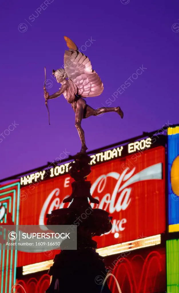 Piccadilly Circus & Eros Statue / Night View, London, England