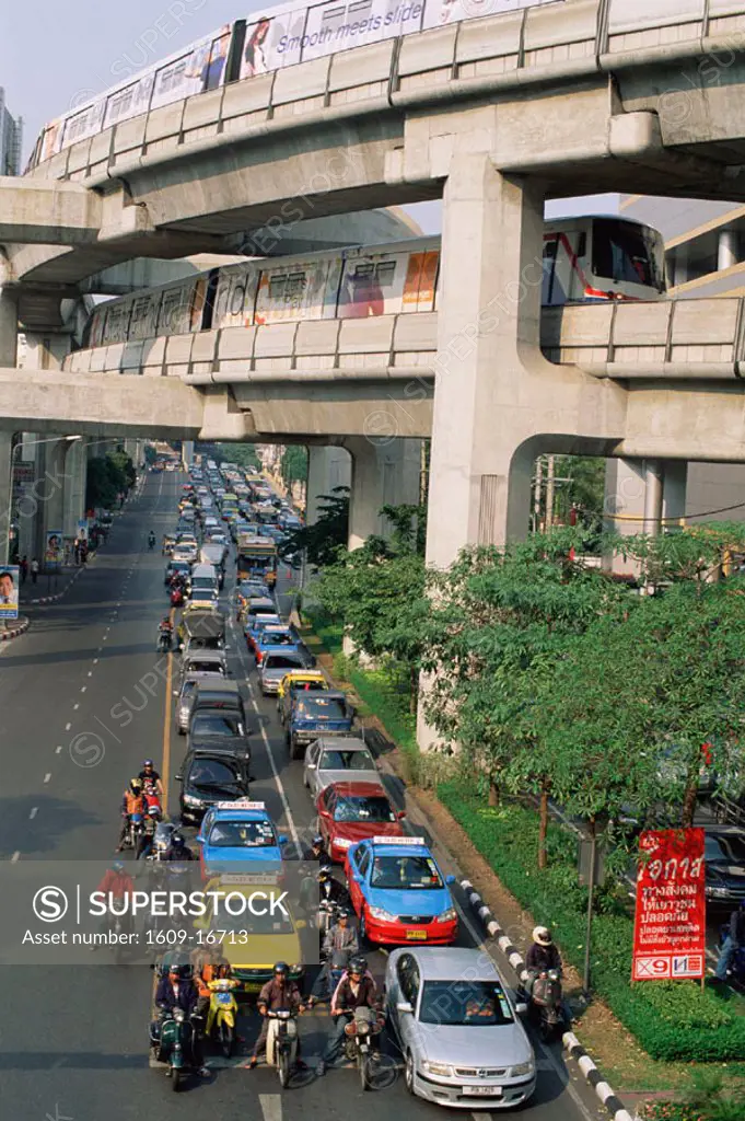 Thailand, Bangkok, Skytrain and Street Scene with Heavy Traffic Congestion