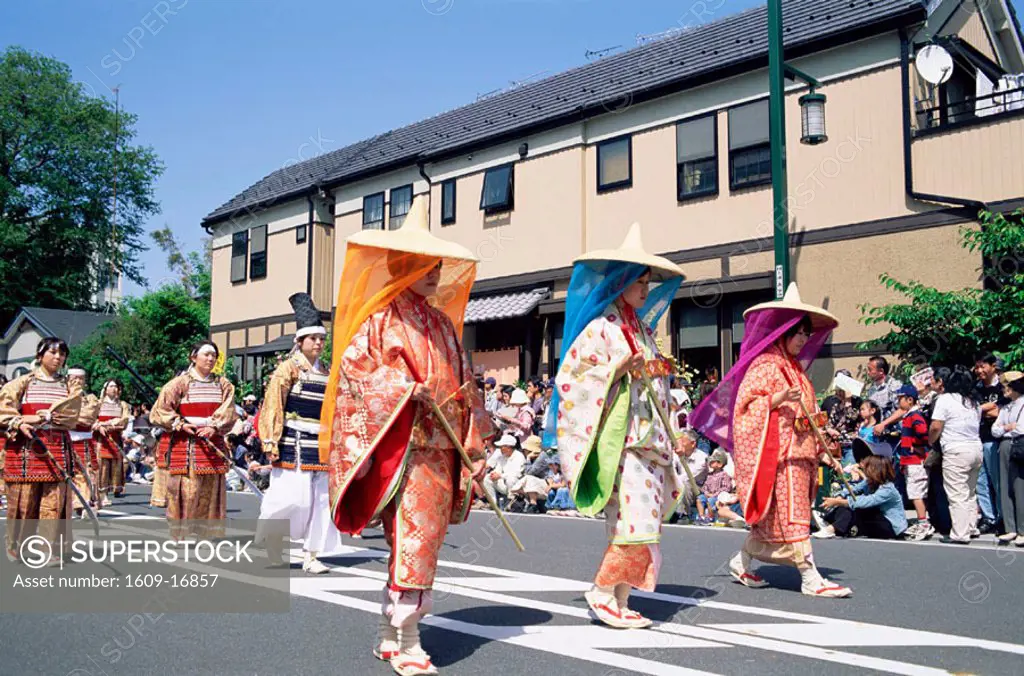 Japan, Kanagawa, Odawara, Japanese Warriors Procession FestivalGirls Dressed in Heian Period Costume