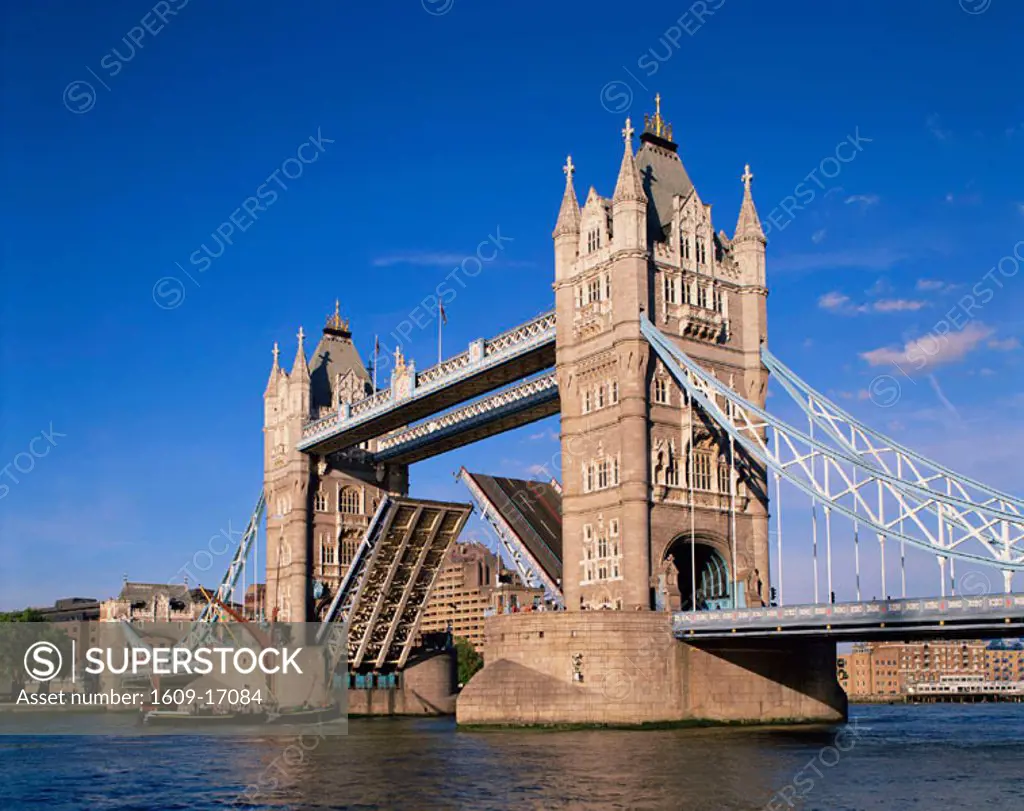 England, London, Tower Bridge, Bridge Lift with Barge Going Through