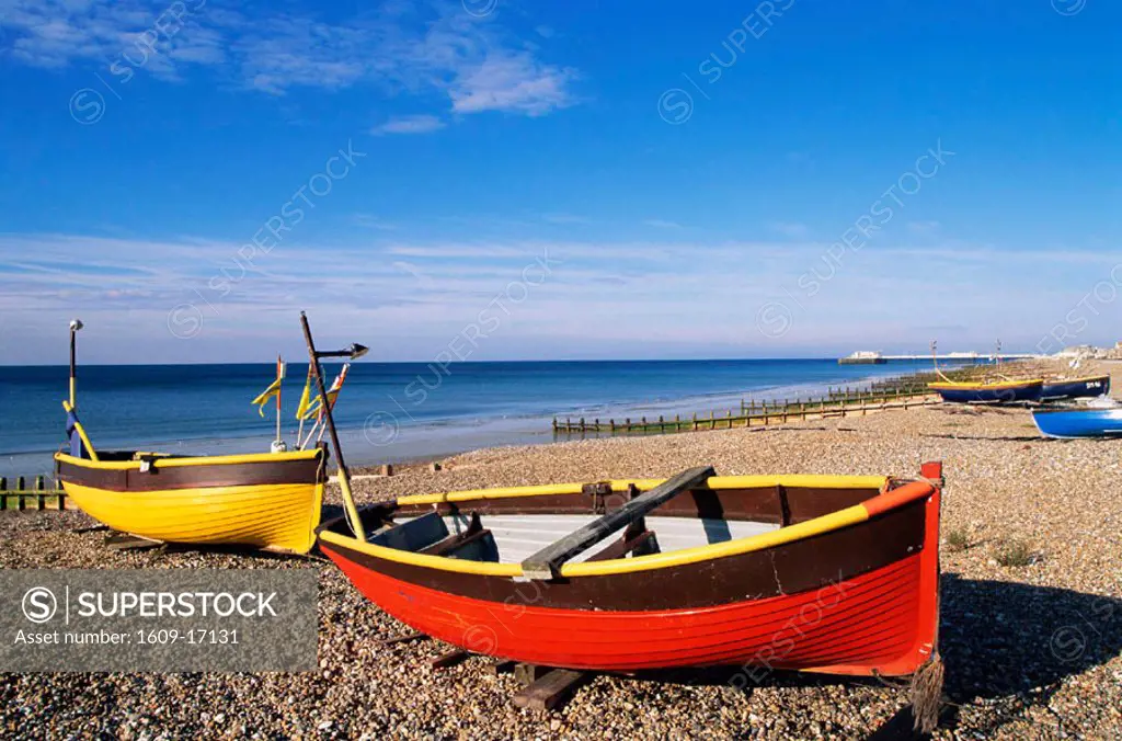England, Sussex, Worthing, Colourful Fishing Boats on Worthing Beach