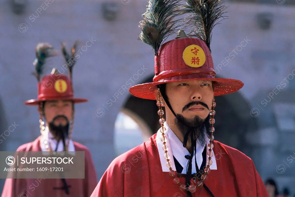 Korea, Seoul, Gyeongbokgung Palace, Portrait of Ceremonial Guard in Traditional Costume