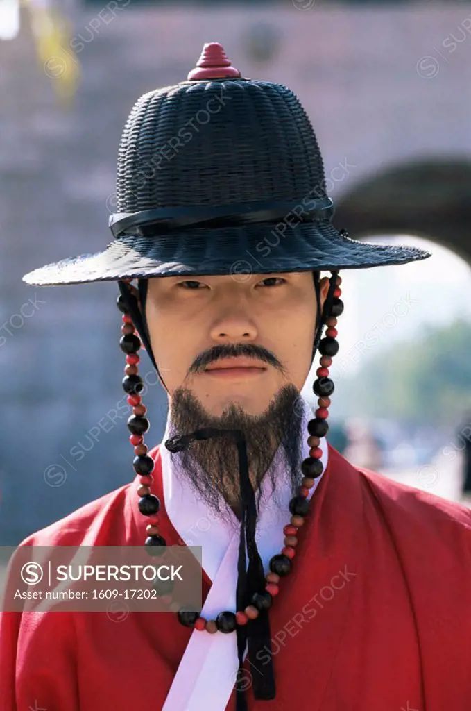 Korea, Seoul, Gyeongbokgung Palace, Portrait of Ceremonial Guard in Traditional Costume