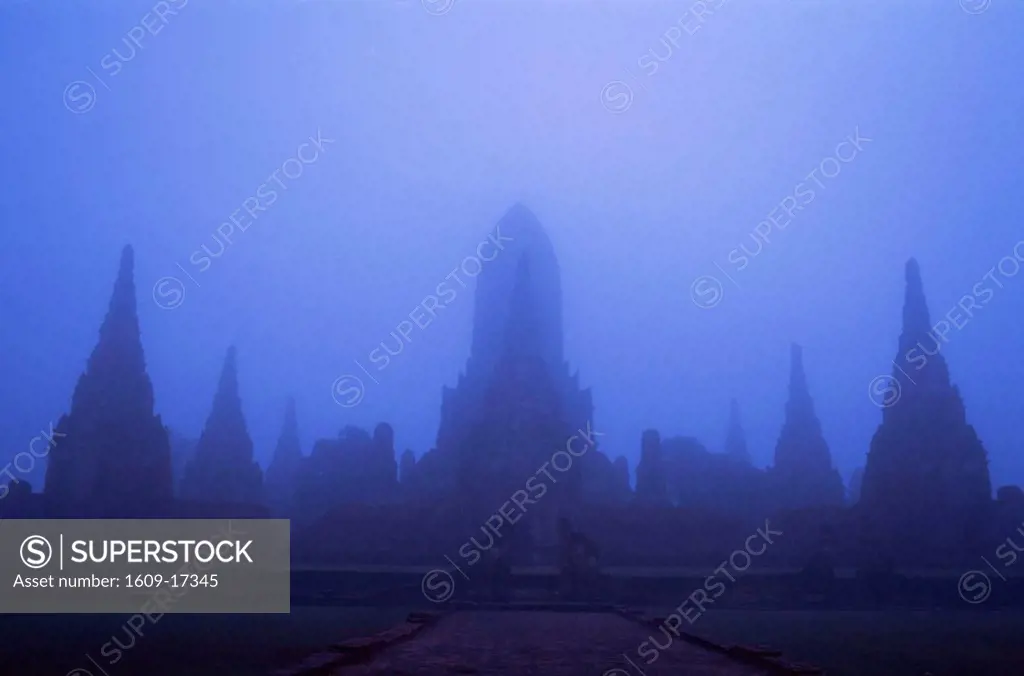 Thailand, Ayutthaya, Ayutthaya Historical Park, Moody Morning View of Wat Chai Wattanaram