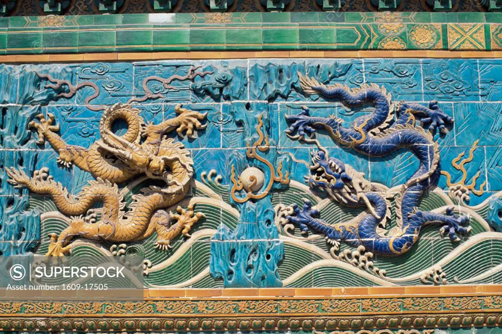 China, Beijing, Beihai Park, Detail of the Nine Dragon Screen