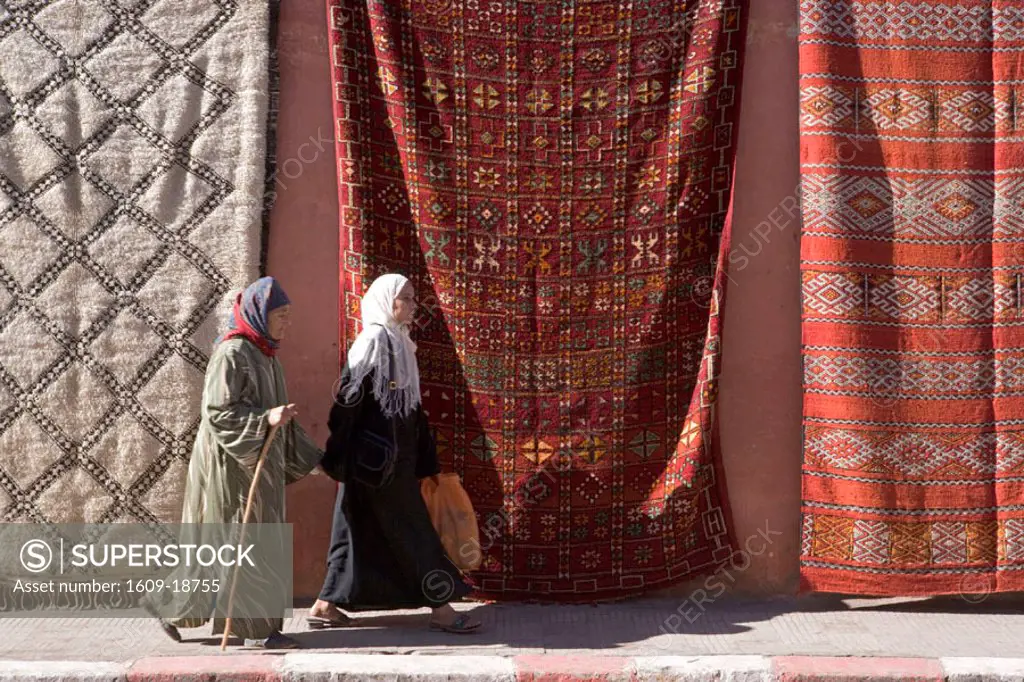 Carpets hanging on wall, Medina district, Marrakesh, Morocco