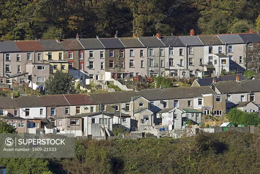 Terraced Miners Cottages, Tylorstown, Rhondda Cynon Taff, Wales, UK