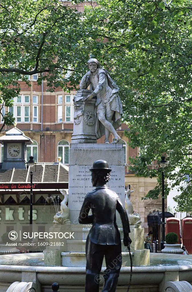 England,London,Leicester Square,Shakespeare Statue and Charlie Chaplin Statue