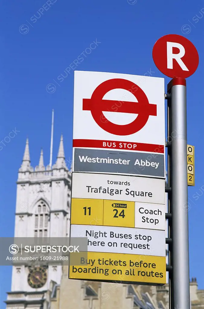 England, London, Bus Stop Sign Near Westminster Abbey