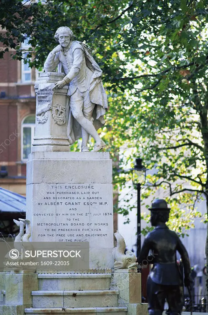 England, London, Leicester Square, Shakespeare Statue and Charlie Chaplin Statue