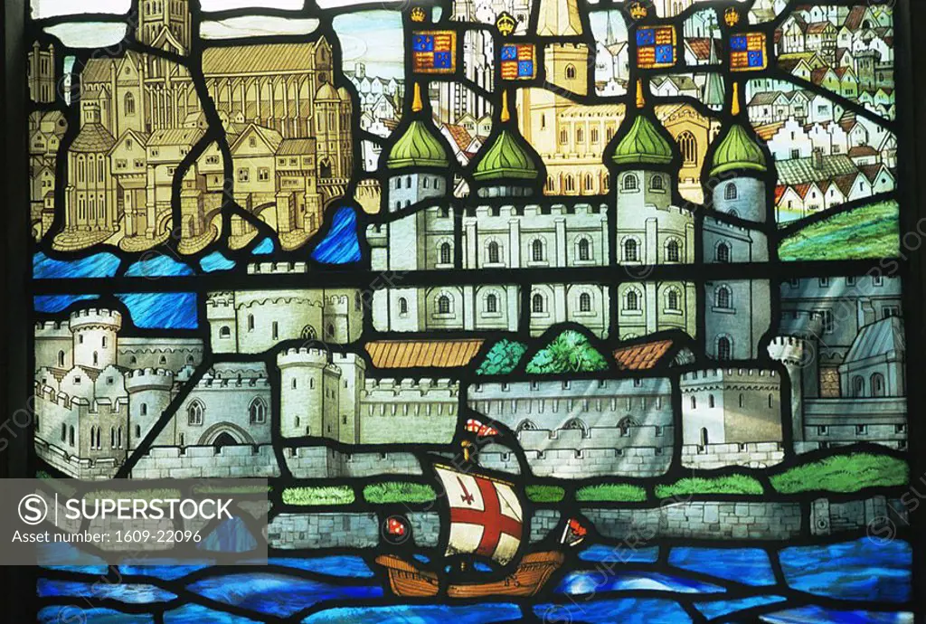 England, London, The City, All Hallows by the Tower Church, Stained Glass Window Depicting The Tower of London and River Thames