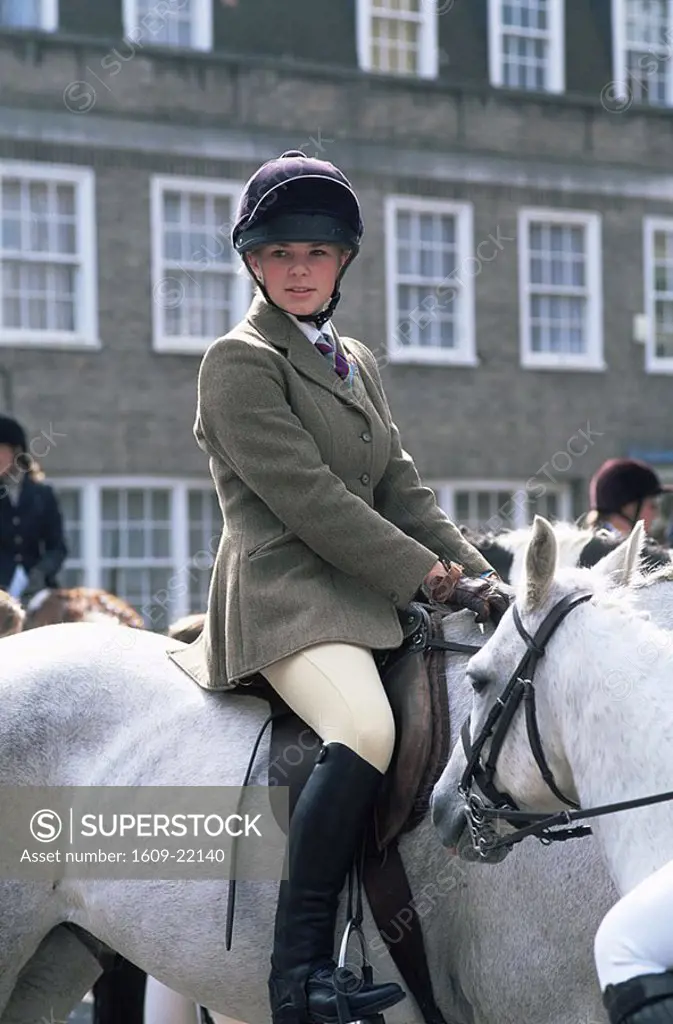 England, London, Hyde Park, St Johns Church, Portrait of Girl Riding Horse at the Blessing of the Horses Festival
