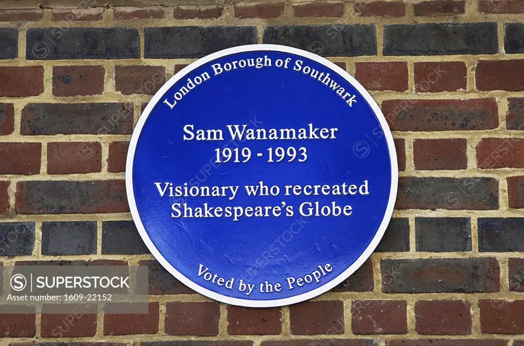 England, London, Sam Wanamaker Blue Plaque at Shakespeare´s Globe Theatre