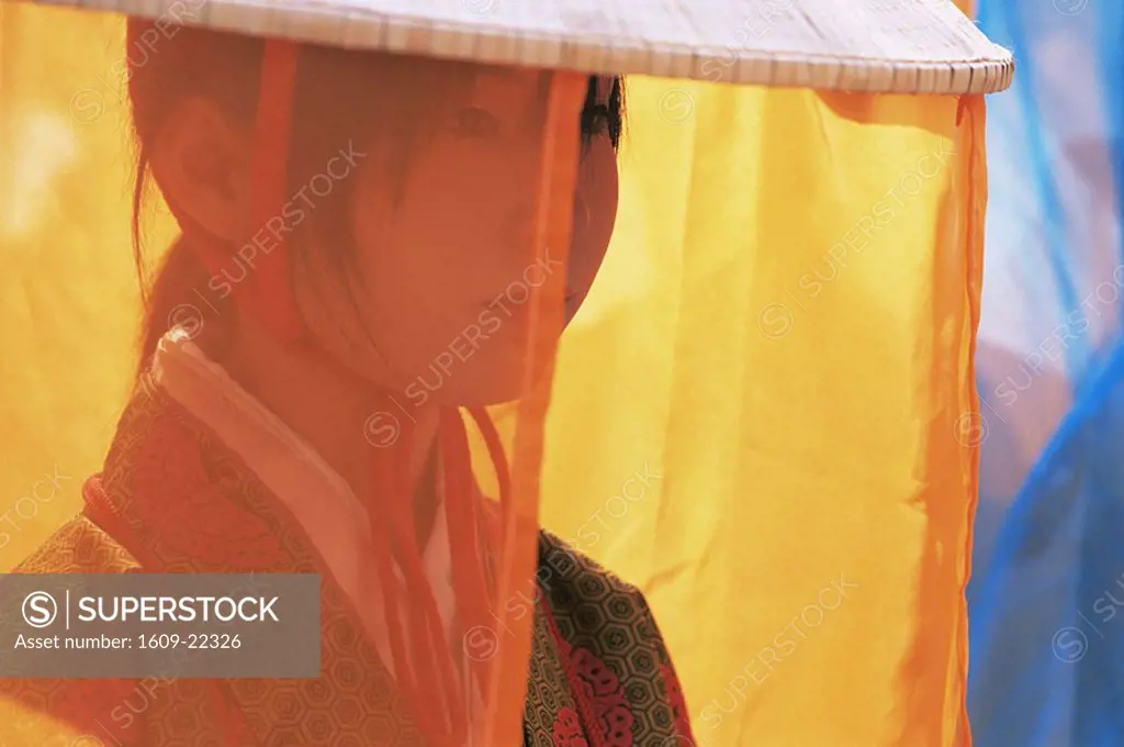 Japan, Tokyo, Portrait of Girl Dressed in Traditional Costume, Jidai Matsuri Festival, Sensoji Temple Asakusa
