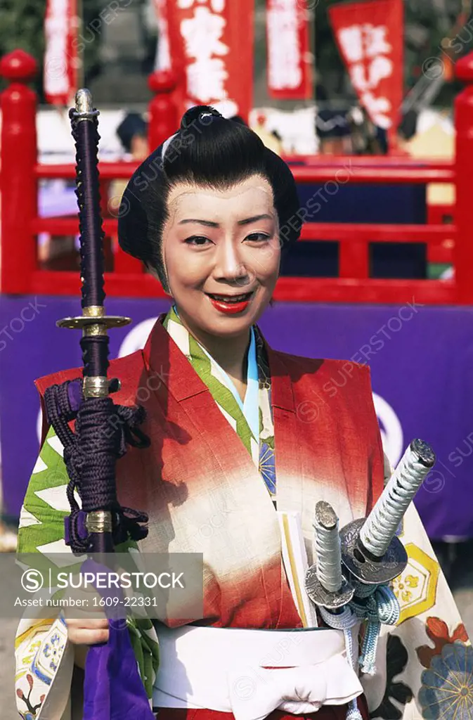 Japan, Tokyo, Women Dressed in Traditional Samurai Costume, Jidai Matsuri Festival, Sensoji Temple Asakusa