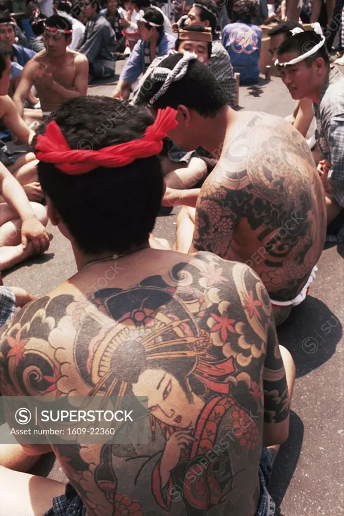 Japan, Tokyo, Tattooed Yakuza at Shrine Festival