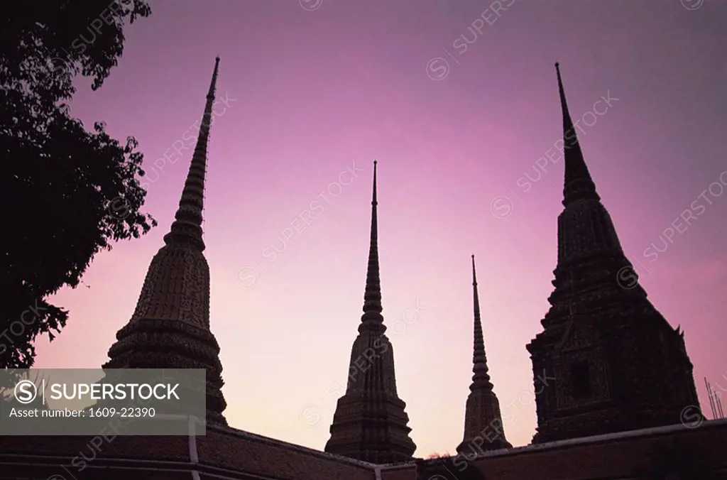 Thailand, Bangkok, Wat Po, Silouette of Stupas at Dawn