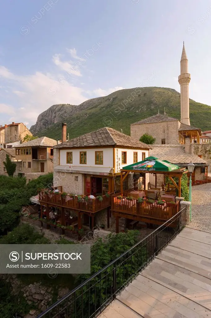 Mosque and restaurant, Mostar, Bosnia and Herzegovina