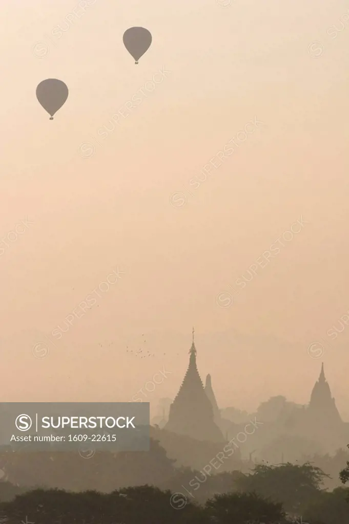 Myanmar, Bagan, Hot Air balloons flying over the ancient temples of Bagan