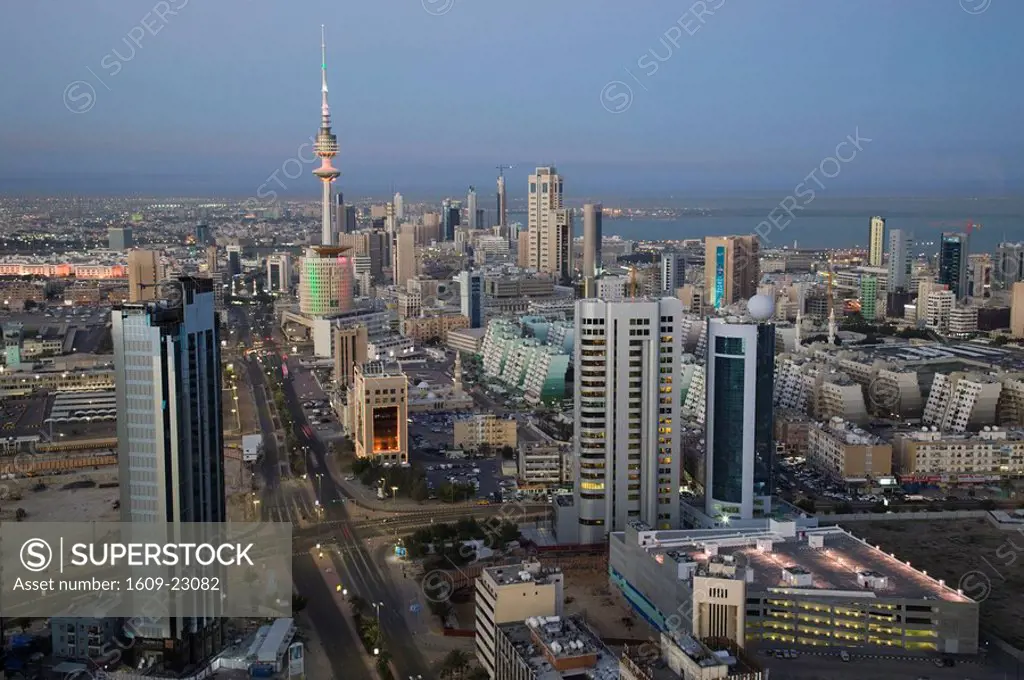 Kuwait, Kuwait City, Aerial over Hilalli Street towards Liberation Tower