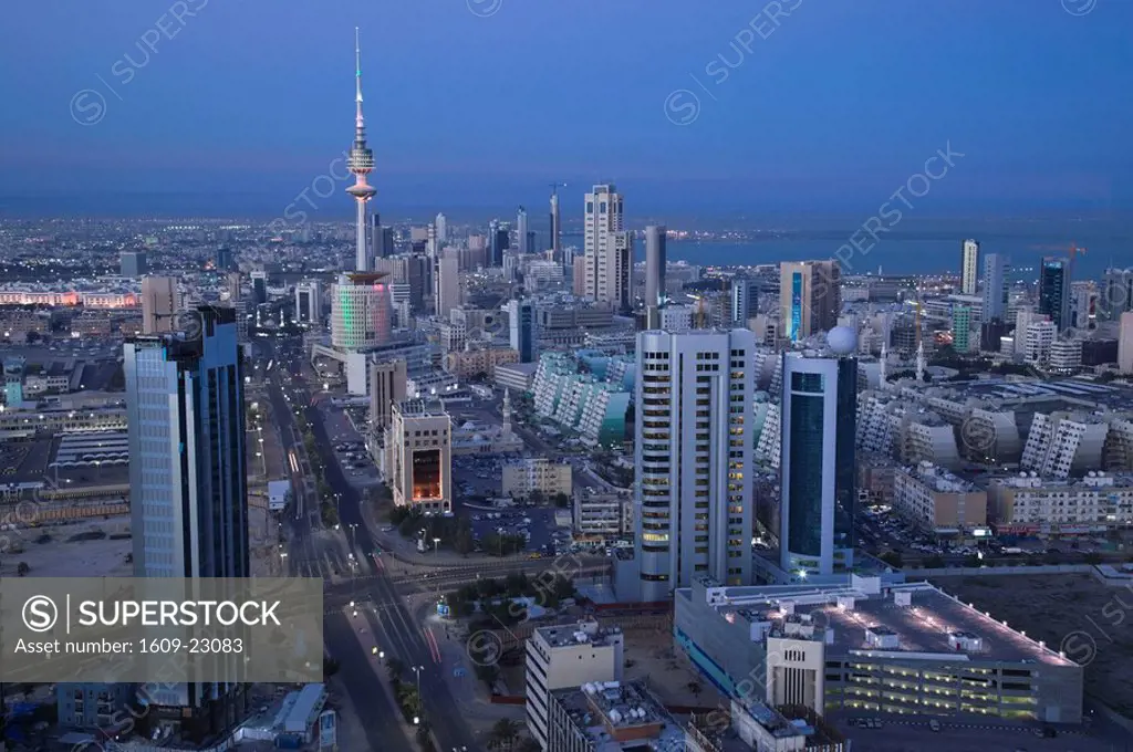 Kuwait, Kuwait City, Aerial over Hilalli Street towards Liberation Tower