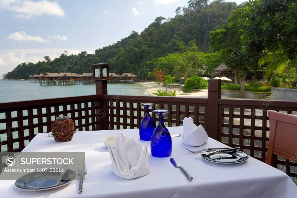 Dining table overlooking Tropical beach, Pangkor Laut, Malaysia