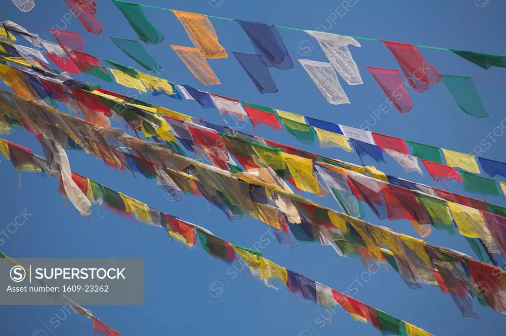 Nepal, Kathmandu, Prayer flags adorning stupa at Bodhnath Buddhist stupa, Lhosar Tibetan and Sherpa New Year festival,