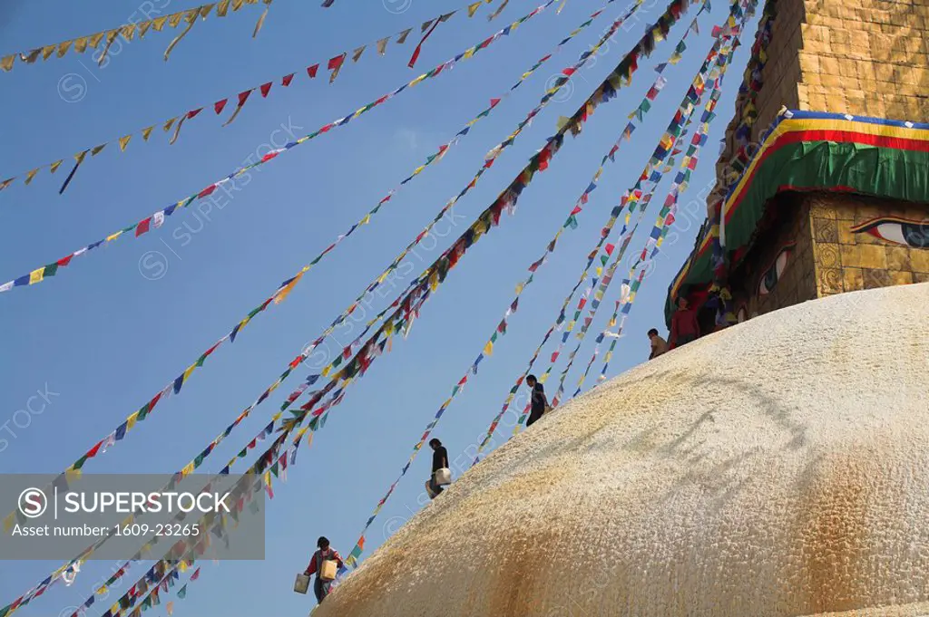 Nepal, Kathmandu, Bodhnath stupa, Lhosar Tibetan and Sherpa New Year festival, Men on stupa with buckets of limewash