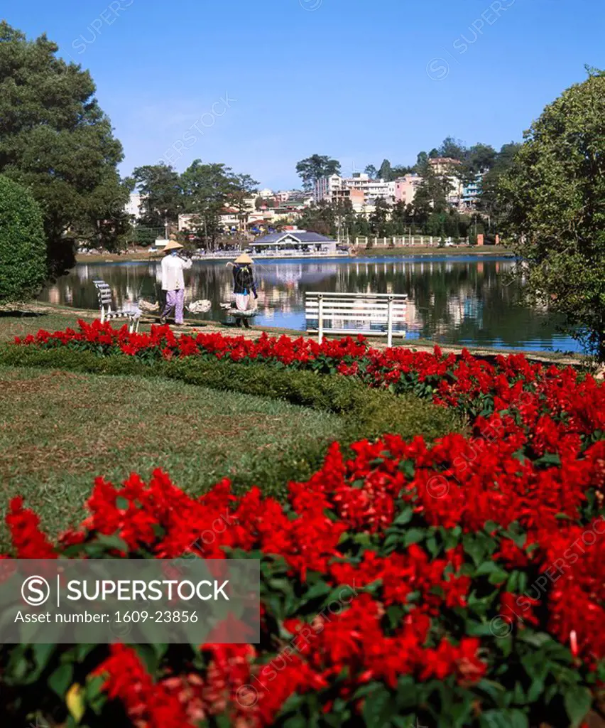 Lake and flower gardens, Dalat, Central Highlands, Vietnam, Indochina, Southeast Asia, Asia
