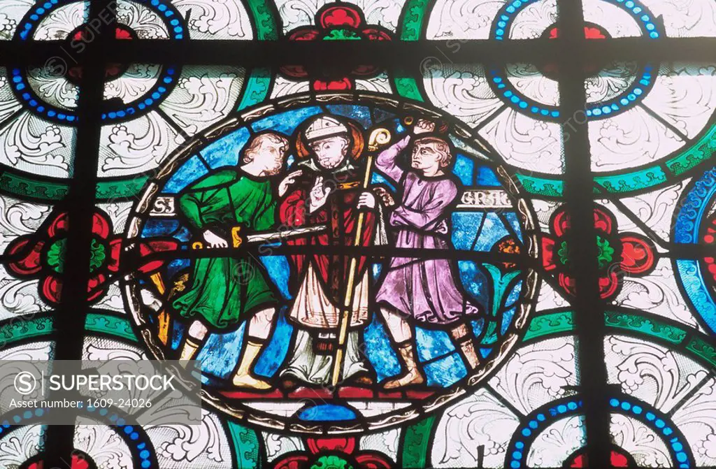 England, Kent, Canterbury, Canterbury Cathedral, Stained Glass Window Depicting The Murder of Thomas Becket Archbishop of Canterbury