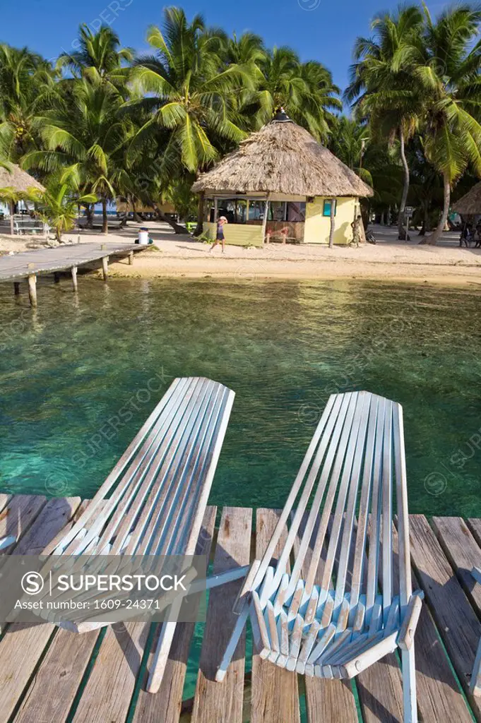 Belize, Tobaco Caye, Chairs on jetty