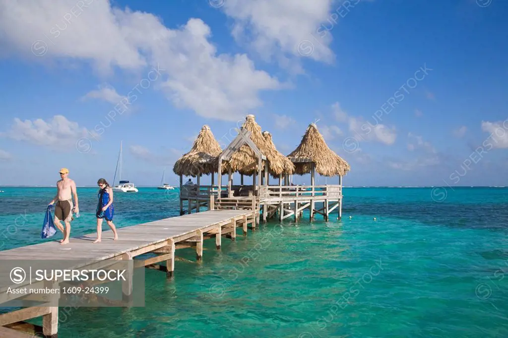 Belize, Ambergris Caye, San Pedro, Ramons Village Resort Pier and palapa