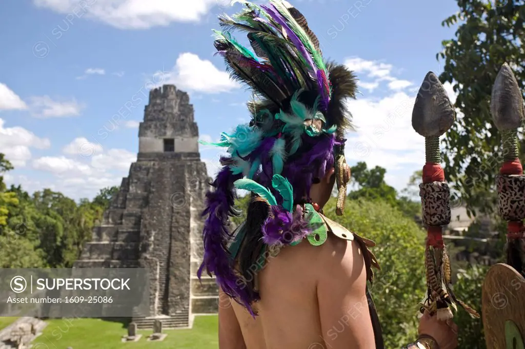 Guatemala, El Peten, Tikal, Gran Plaza, Temple 11, Reinactment of Maya ceremony