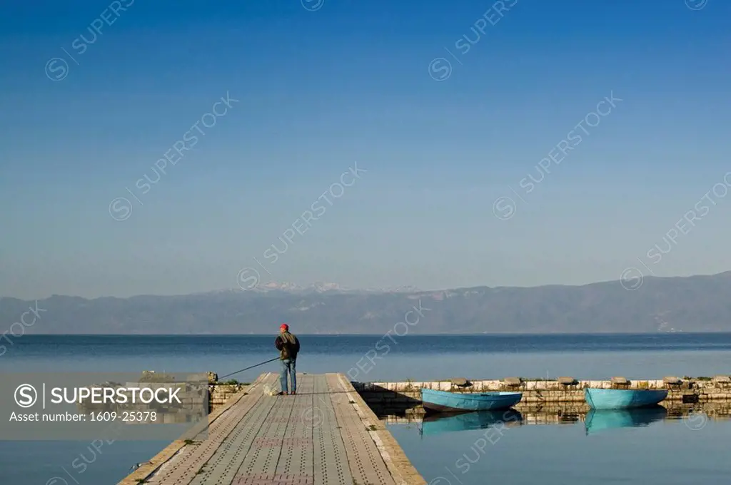 Macedonia, Ohrid, Fisherman on Pier