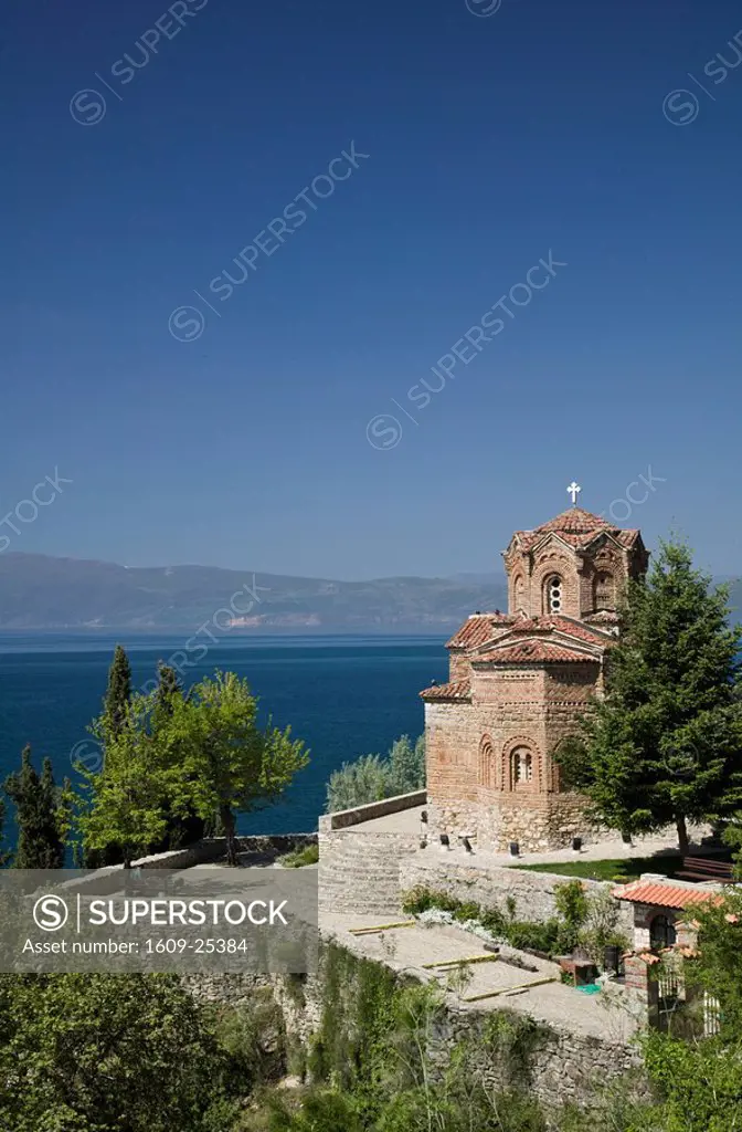 Macedonia, Ohrid, Sveti Jovan at Kaneo Church 13th century and Lake Ohrid / Morning