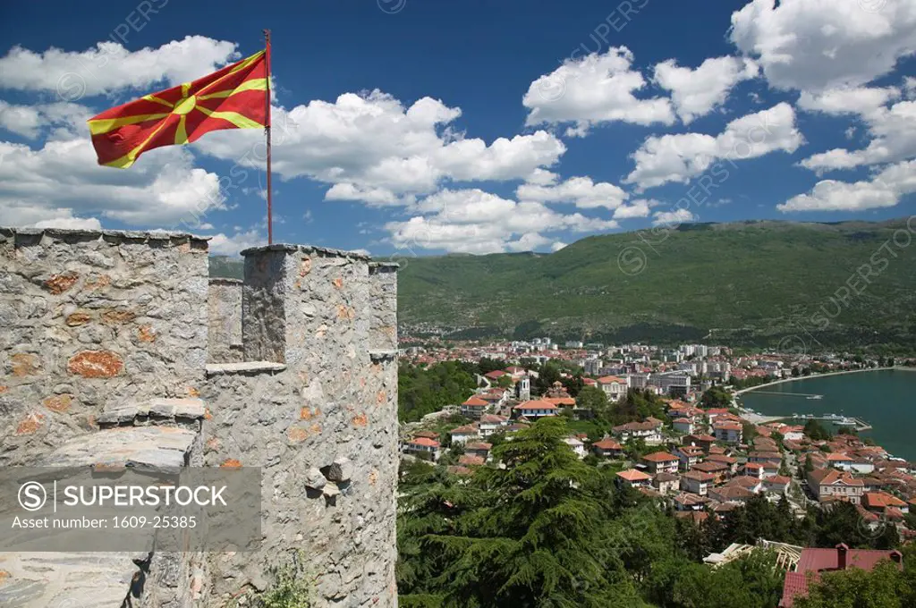 Macedonia, Ohrid & Car Samoil´s Castle Tower with Macedonian Flag