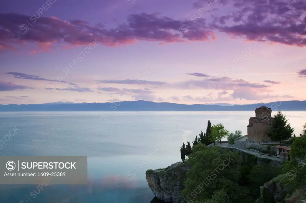 Macedonia, Ohrid, Sveti Jovan at Kaneo Church 13th century and Lake Ohrid / Dusk