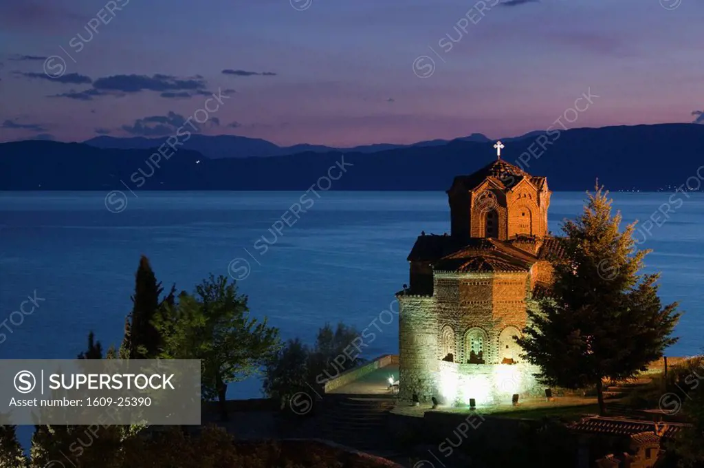 Macedonia, Ohrid, Sveti Jovan at Kaneo Church 13th century and Lake Ohrid / Evening