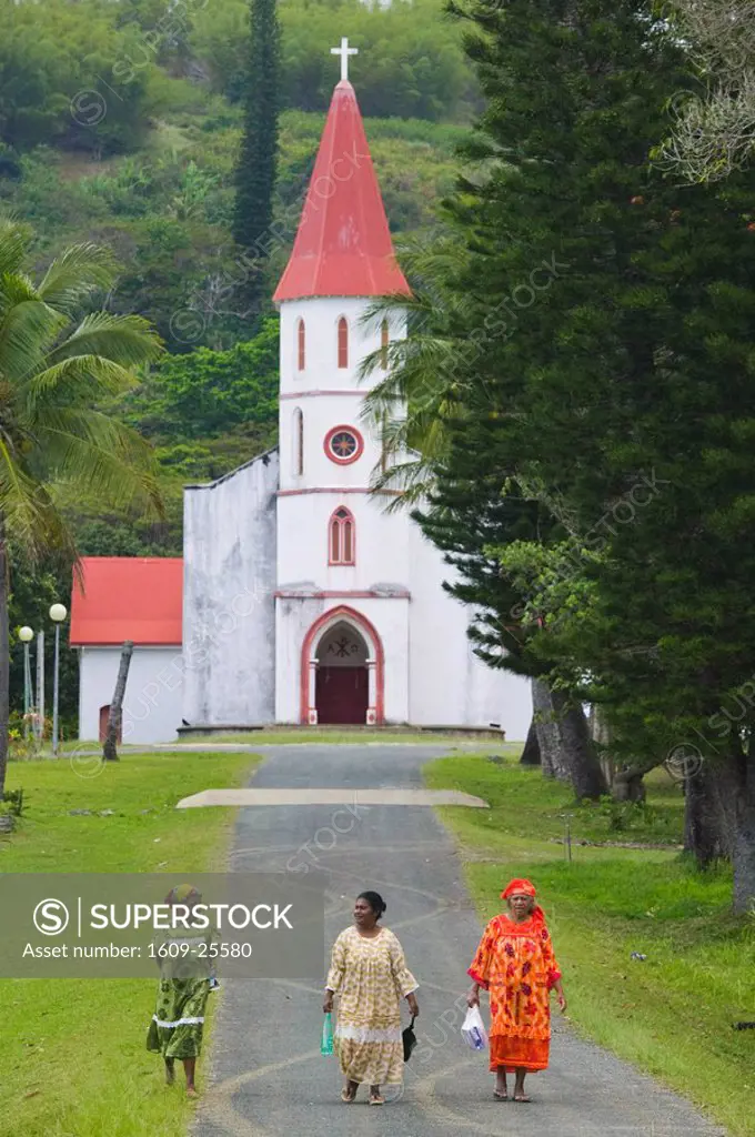 New Caledonia, Northern Grande Terre Island, POINDIMIE, Tie Mission church with churchgoers