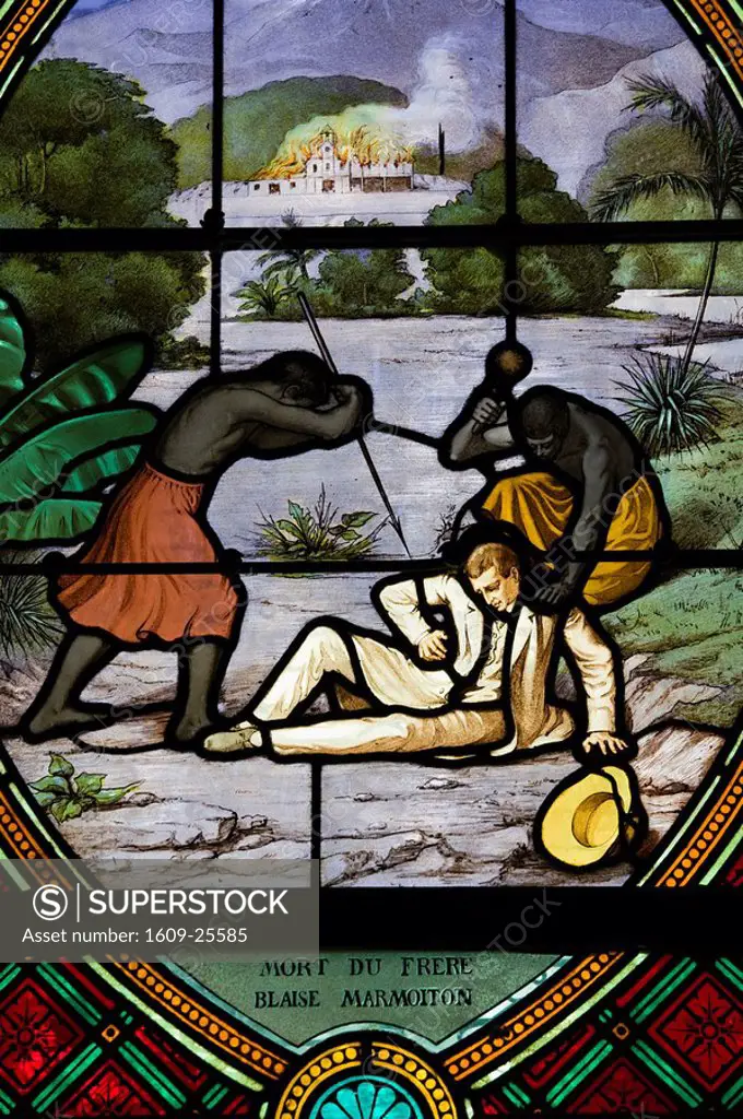 New Caledonia, Northern Grande Terre Island, BALADE, stained glass window commemorating the first landing of Europeans in New Caledonia 12/21/1843 in ...