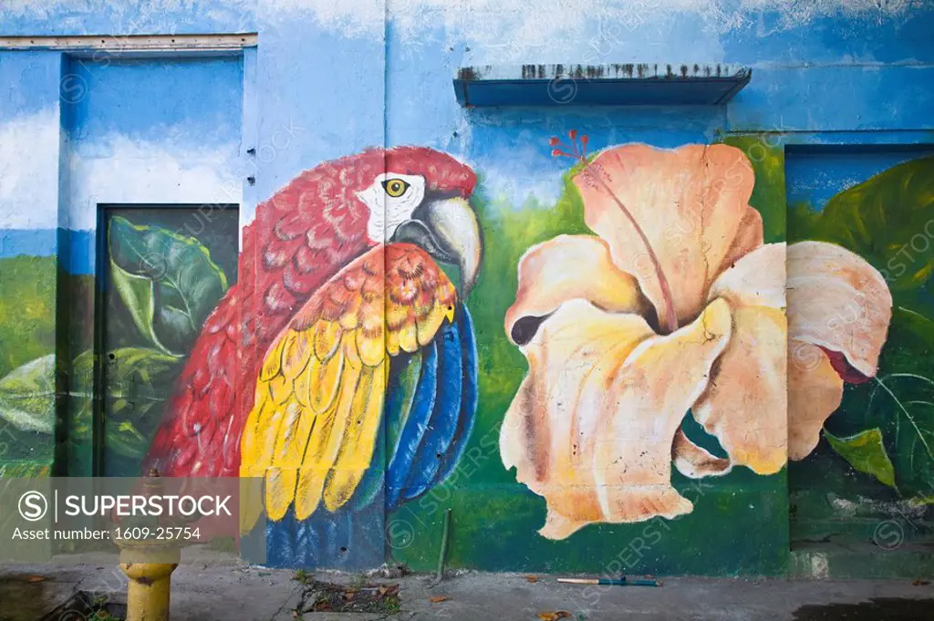 Panama, Panama City, Casco Viejo San Felipe, Colourful murial painted on building