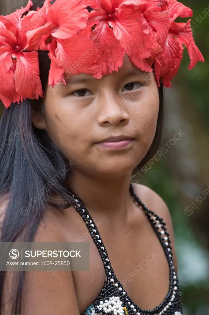 Panama, Chagres River, Embera Village, Embera woman