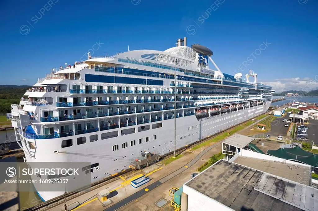 Panama, Panama Canal, Island Princess Cruise ship transitting Miraflores Locks,