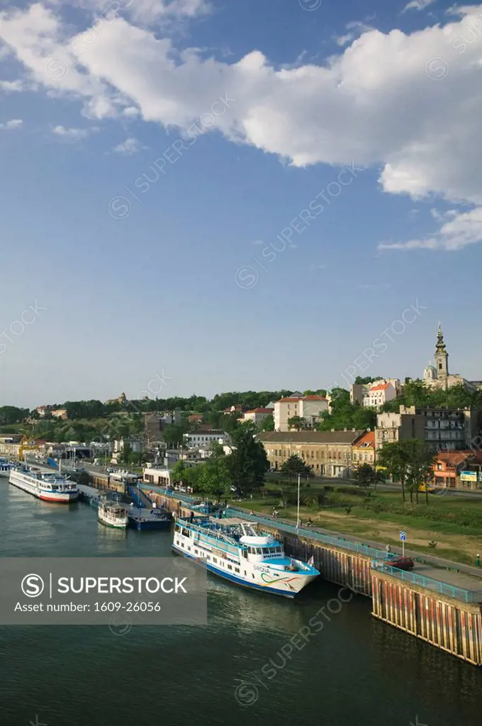 Serbia, Belgrade, Danube River Barges and Stari Grad Old Town